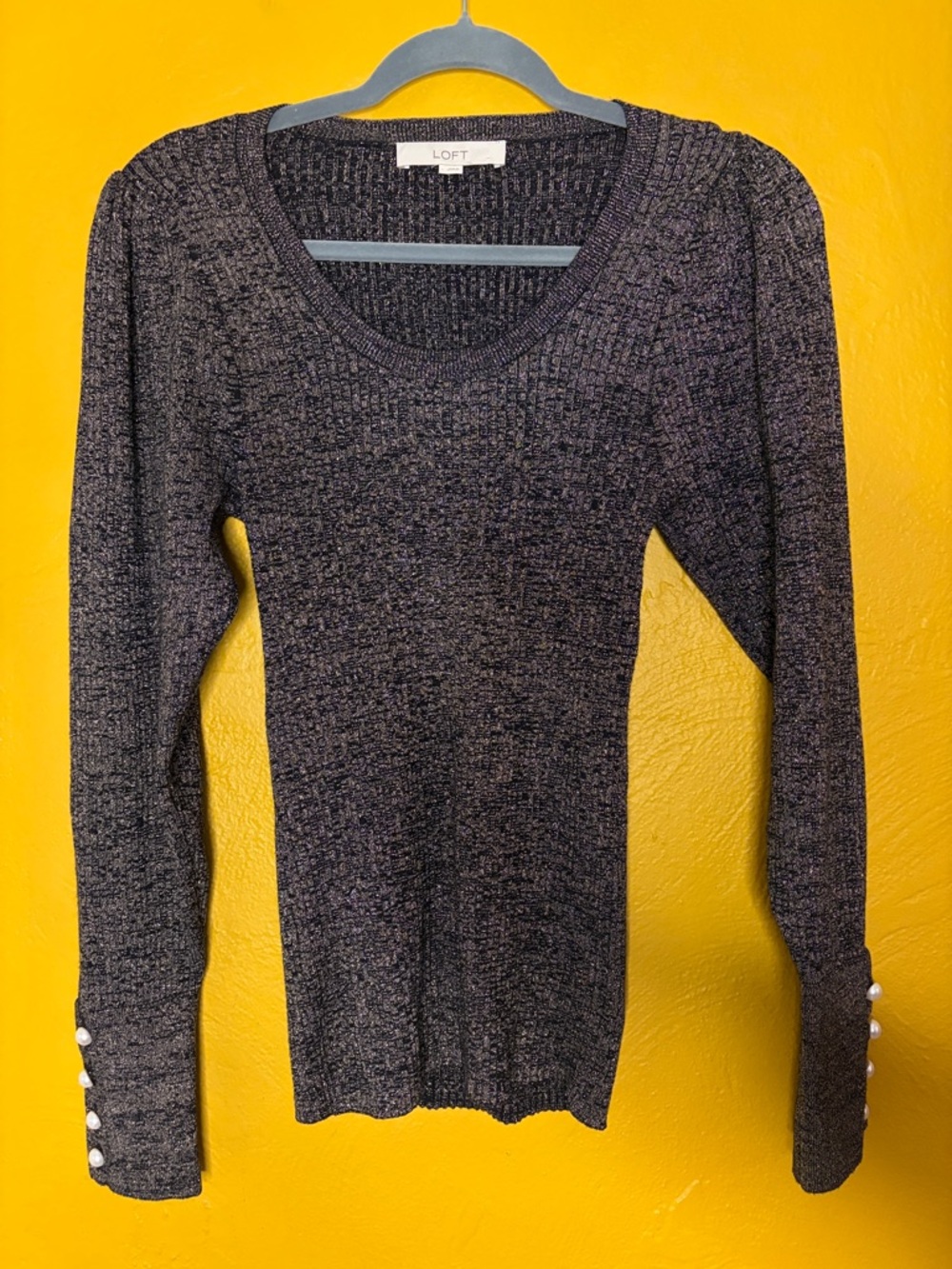 LOFT Charcoal and Silver Ribbed Scoop Neck Sweater with Pearl Cuff Buttons Lg.